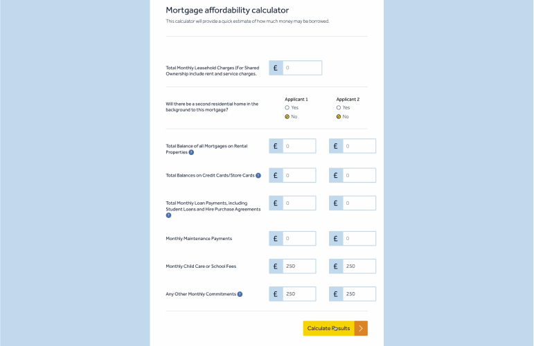 Screenshot of Leeds Building Society website mortgage application form with a 2 column layout